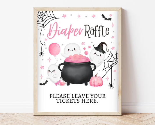 Diaper Raffle Sign Halloween Baby Shower, Pink Baby Shower Game, Printable Halloween Sign, A Little Boo Is Almost Due Baby Shower, HBSC08