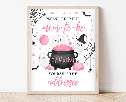 Envelope Station Sign Halloween Baby Shower, Baby Shower Addressee Sign, Printable Pink Halloween, A Little Boo Is almost Due Sign, HBSC08