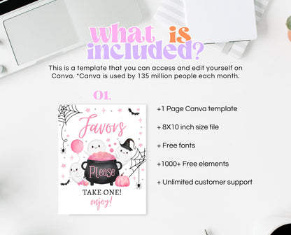 Favors Sign Halloween Baby Shower, Pink Halloween Baby Shower Sign, Printable Halloween Sign, A Little Boo Is Almost Due Baby Shower, HBSC08