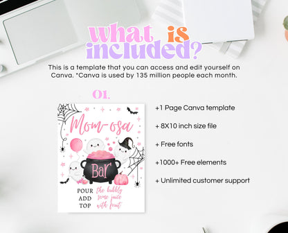 Mom-osa Sign Halloween Baby Shower, Girl Baby Shower Mimosa Sign, Printable Halloween Sign, A Little Boo Is Almost Due Baby Shower, HBSC08