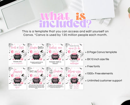 Editable A Little Boo Is Almost Due Halloween Baby Shower Sign Bundle, Halloween Baby Shower Sign Set, Printable Pink Halloween Sign, HBSC08