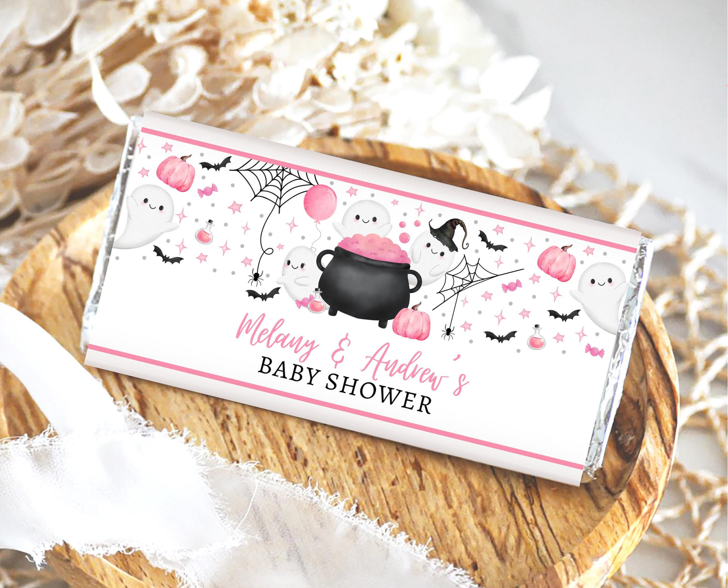 Editable Pink Halloween Baby Shower Chocolate Wrapper, Pink Witch Candy Bar Label, Girl A Little Boo Is Almost Due Chocolate Label, HBSC08