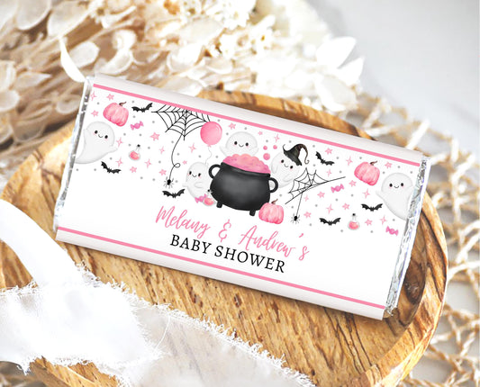 Editable Pink Halloween Baby Shower Chocolate Wrapper, Pink Witch Candy Bar Label, Girl A Little Boo Is Almost Due Chocolate Label, HBSC08