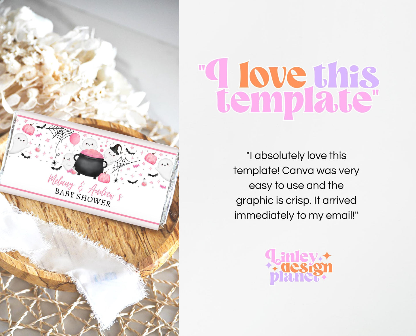 Editable Pink Halloween Baby Shower Chocolate Wrapper, Pink Witch Candy Bar Label, Girl A Little Boo Is Almost Due Chocolate Label, HBSC08