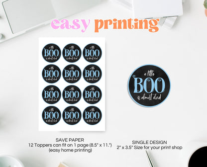 Editable Halloween Baby Shower Cupcake Toppers, Boy Blue Halloween Baby Shower Cake Toppers, A Little Boo Is Almost Due Baby Shower, HBSC03