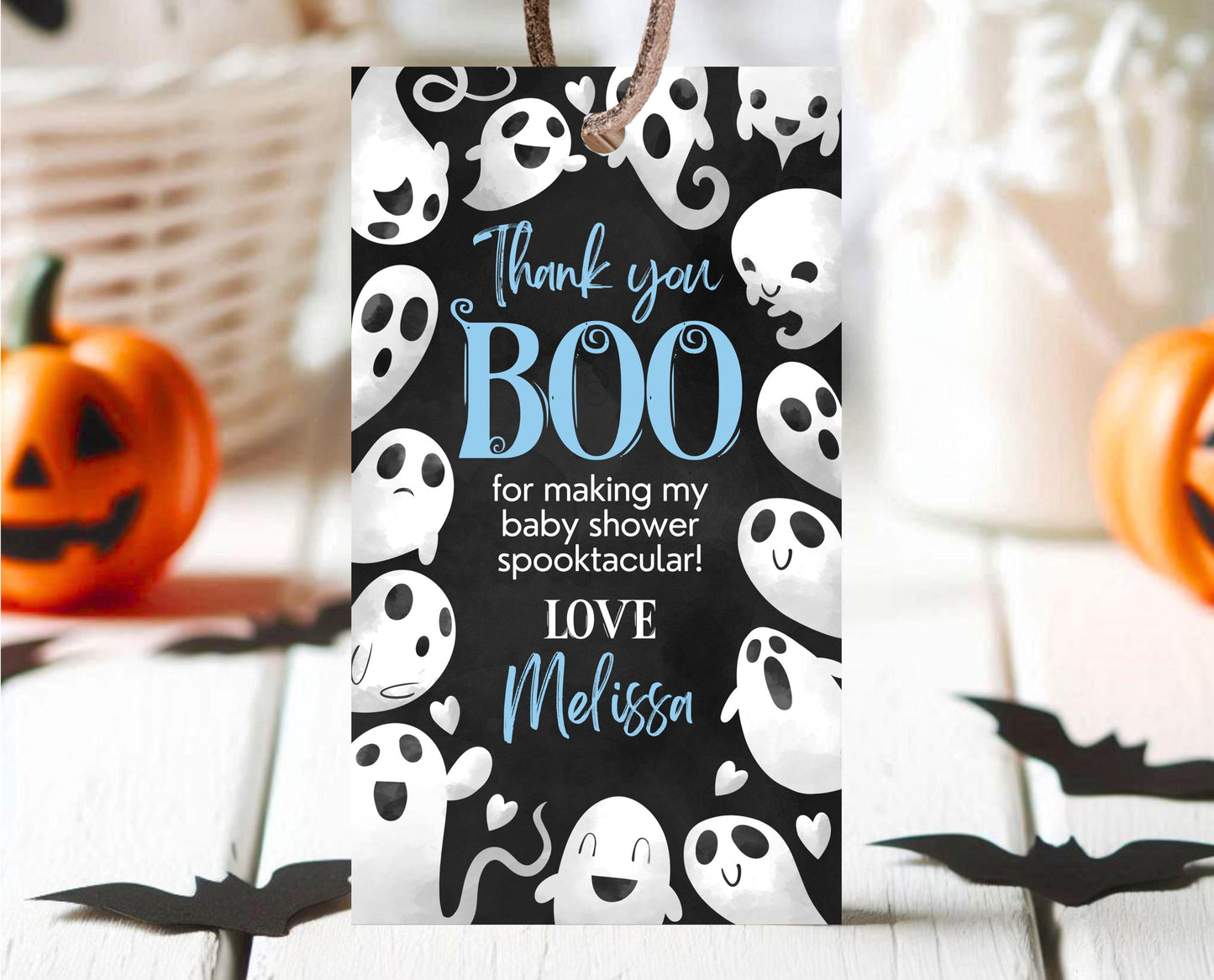 Editable Halloween Baby Shower Favor Tag, Boy Blue Halloween Baby Shower Thank You Tag, A Little Boo Is Almost Due Baby Shower, HBSC03