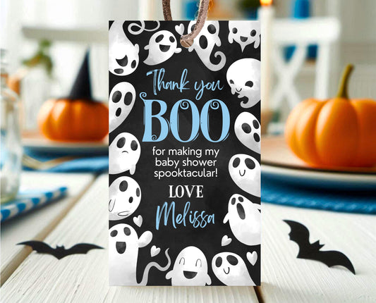 Editable Halloween Baby Shower Favor Tag, Boy Blue Halloween Baby Shower Thank You Tag, A Little Boo Is Almost Due Baby Shower, HBSC03