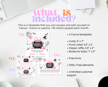 Editable A Baby Is Brewing Halloween Baby Shower Invitation Bundle, Pink Halloween Baby Shower Invite, Girl Baby Shower, Printable, HBSC08