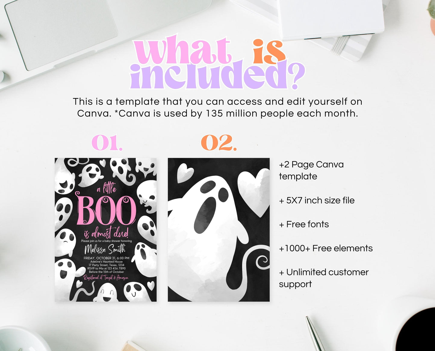 Editable Halloween Baby Shower Invitation, Girl Pink Halloween Baby Shower Invitation Template, Ghosts Little Boo Baby Shower Invite, HBSC04