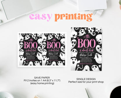 Editable Halloween Baby Shower Invitation, Girl Pink Halloween Baby Shower Invitation Template, Ghosts Little Boo Baby Shower Invite, HBSC04
