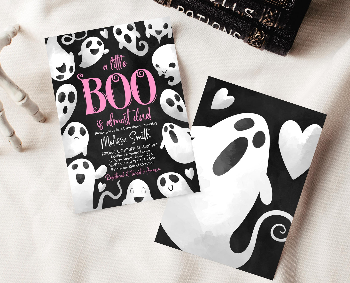 Editable Halloween Baby Shower Invitation, Girl Pink Halloween Baby Shower Invitation Template, Ghosts Little Boo Baby Shower Invite, HBSC04