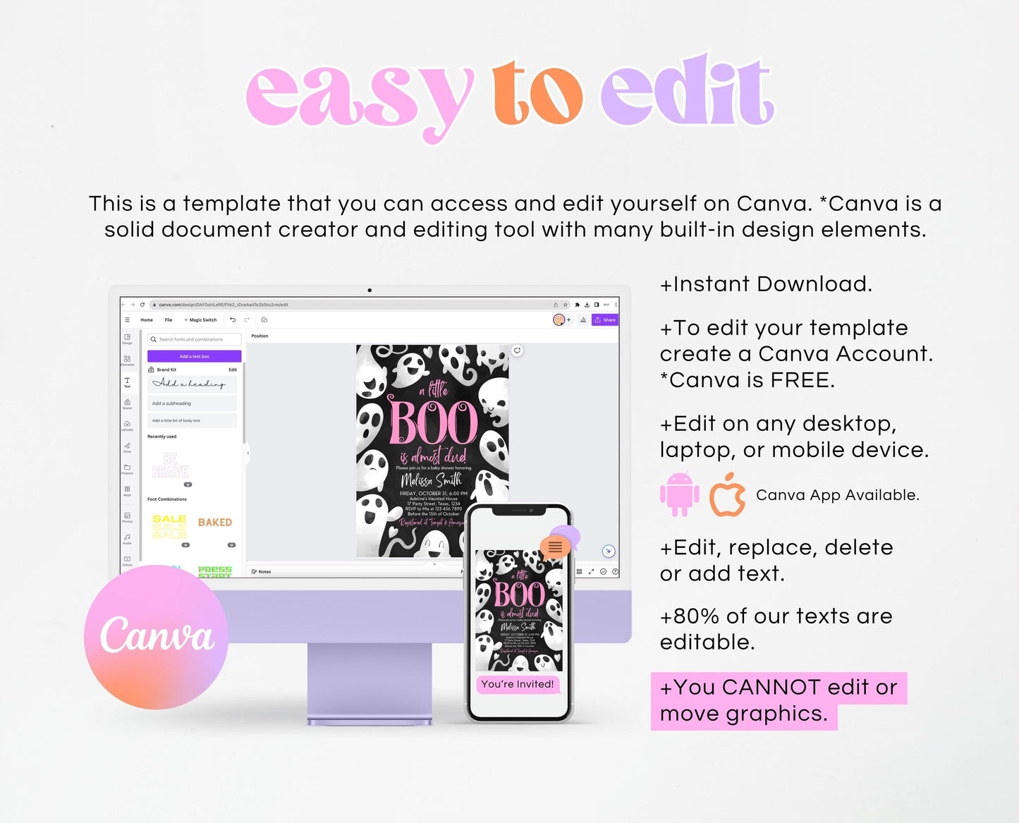 Editable Halloween Baby Shower Invitation, Girl Pink Halloween Baby Shower Invitation Template, Ghosts Little Boo Baby Shower Invite, HBSC04