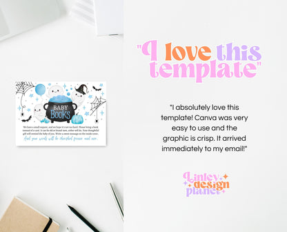 Editable Blue Halloween Baby Book Insert Card, Blue Witch Baby Shower Baby Books, Boy A Little Boo Is Almost Due Book Request Card, HBSC09