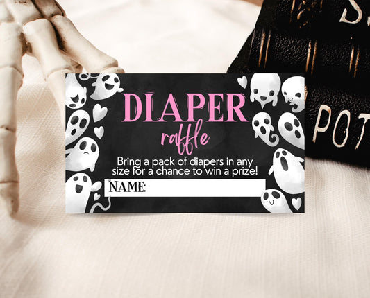 Diaper Raffle Ticket Halloween Baby Shower, Pink Girl Halloween Baby Shower Diaper Game, A Little Boo Is Almost Due Baby Shower, HBSC04