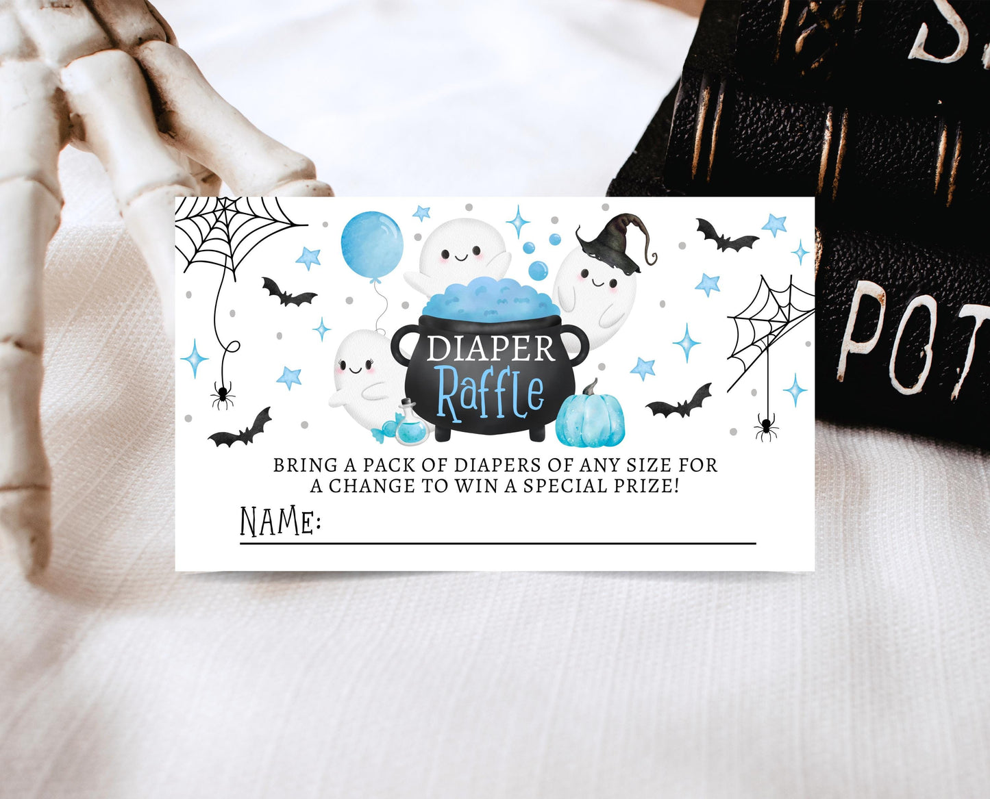 Editable Blue Halloween Baby Shower Diaper Raffle Ticket, Blue Boy Witch Baby Shower Game, A Little Boo Shower Diaper Raffle Game, HBSC09