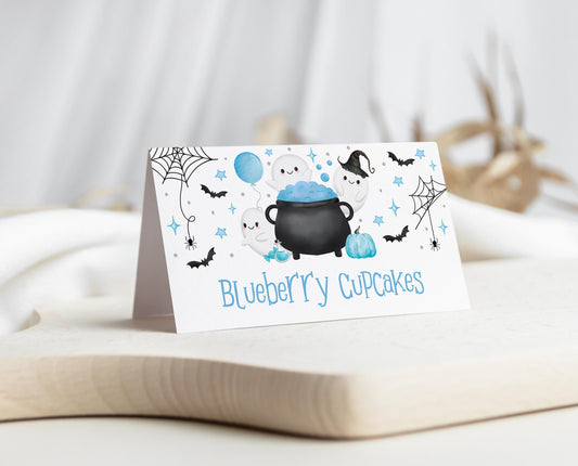 Editable A Little Boo Is Almost Due Baby Shower Food Label, Blue Boy Baby Shower Tent Cards, Halloween Boy Baby Shower Food Cards, HBSC09