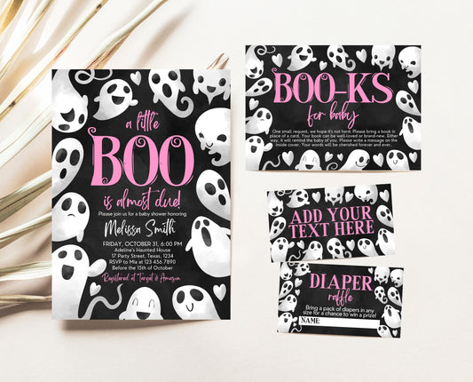 Editable Halloween Baby Shower Invitation Bundle, Pink Girl Halloween Baby Shower Invitation Set, Ghost Little Boo Baby Shower Pack, HBSC04