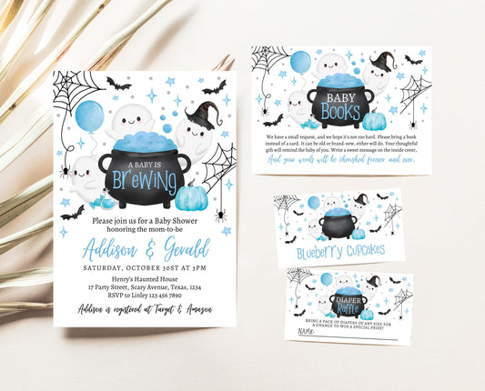 Editable A Baby Is Brewing Halloween Baby Shower Invitation Bundle, Blue Halloween Baby Shower Invite, Boy Baby Shower, Printable, HBSC09