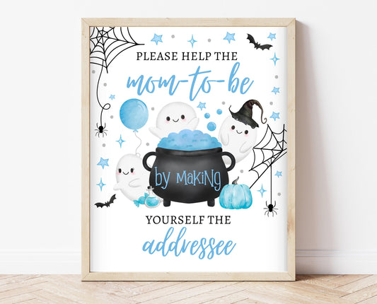 Envelope Station Sign Halloween Baby Shower, Baby Shower Addressee Sign, Printable Blue Halloween, A Little Boo Is almost Due Sign, HBSC09
