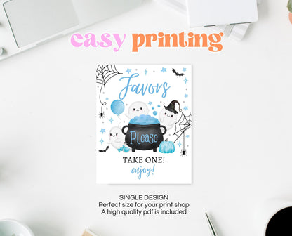 Favors Sign Halloween Baby Shower, Blue Halloween Baby Shower Sign, Printable Halloween Sign, A Little Boo Is Almost Due Baby Shower, HBSC09