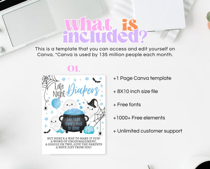 Late Night Diapers Sign Halloween Baby Shower, Blue Halloween Baby Shower, Printable Sign, A Little Boo Is Almost Due Baby Shower, HBSC09