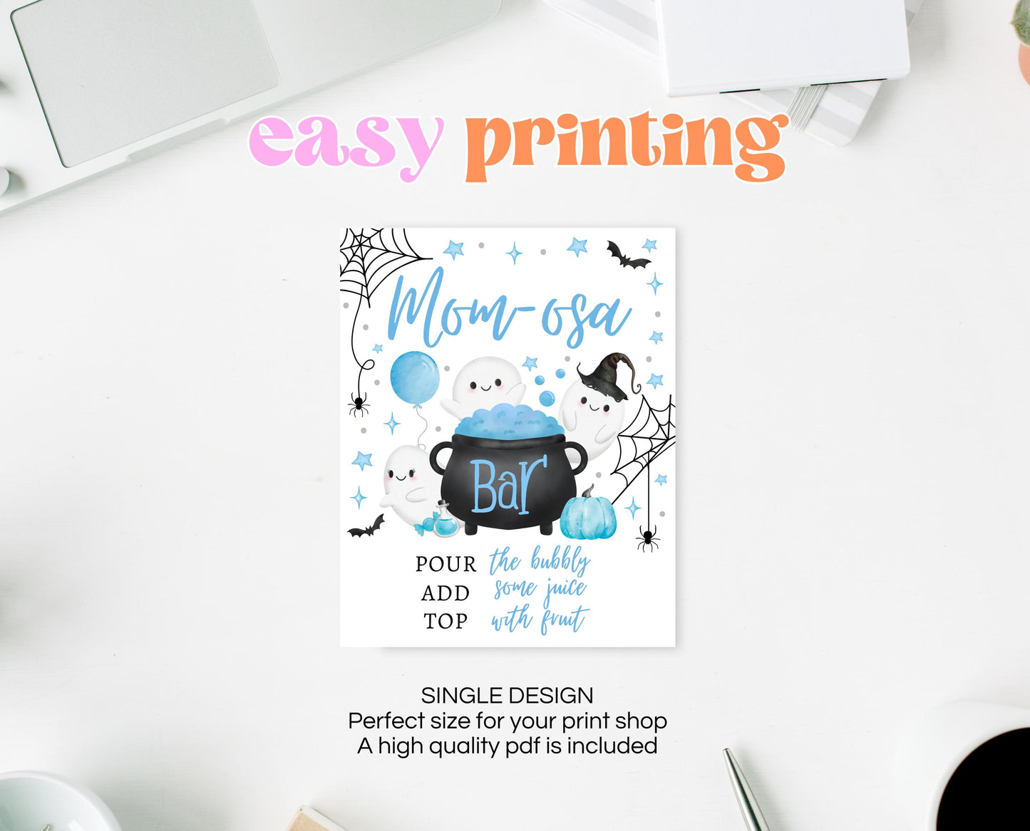 Mom-osa Sign Halloween Baby Shower, Blue Baby Shower Mimosa Sign, Printable Halloween Sign, A Little Boo Is Almost Due Baby Shower, HBSC09