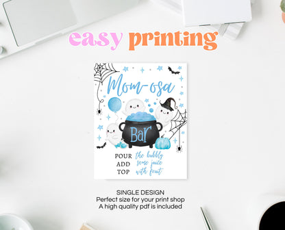 Mom-osa Sign Halloween Baby Shower, Blue Baby Shower Mimosa Sign, Printable Halloween Sign, A Little Boo Is Almost Due Baby Shower, HBSC09