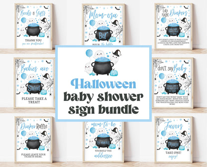 Editable A Little Boo Is Almost Due Halloween Baby Shower Sign Bundle, Halloween Baby Shower Sign Set, Printable Blue Halloween Sign, HBSC09