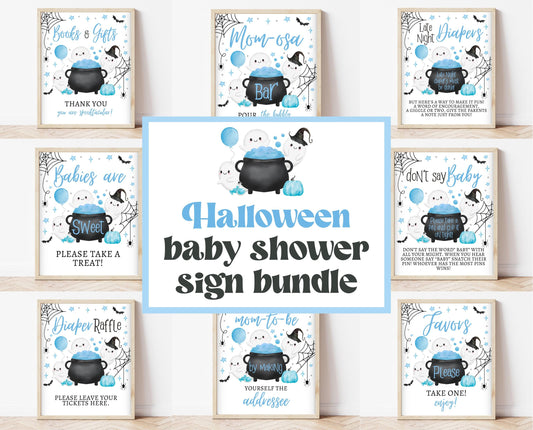 Editable A Little Boo Is Almost Due Halloween Baby Shower Sign Bundle, Halloween Baby Shower Sign Set, Printable Blue Halloween Sign, HBSC09