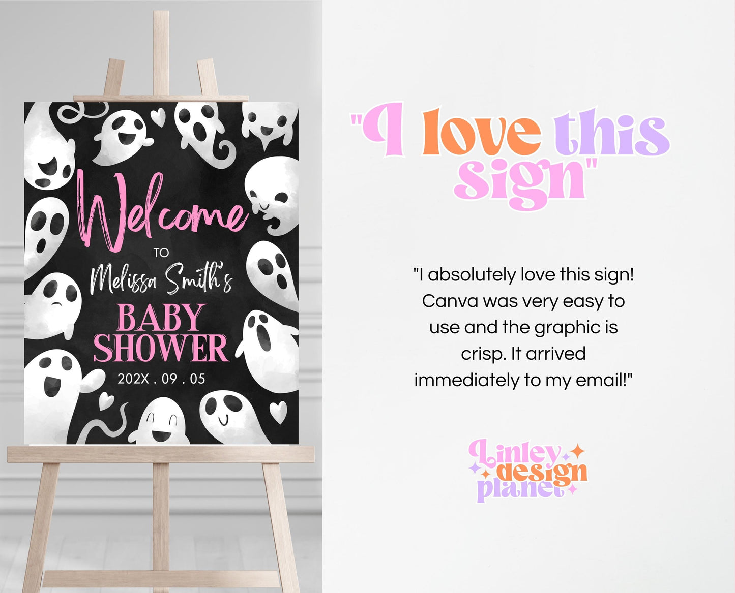 Editable Halloween Baby Shower Welcome Sign, Pink Girl Halloween Baby Shower Welcome Poster, Ghosts Little Boo Baby Shower Sign, HBSC04