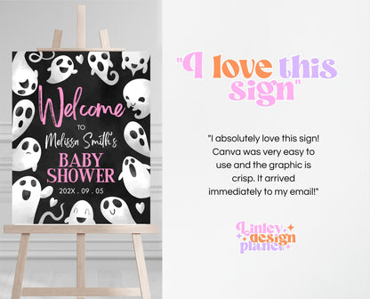 Editable Halloween Baby Shower Welcome Sign, Pink Girl Halloween Baby Shower Welcome Poster, Ghosts Little Boo Baby Shower Sign, HBSC04
