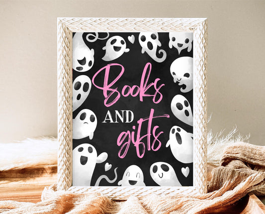 Books And Gifts Sign Halloween Baby Shower, Halloween Baby Shower Sign, Printable Halloween Sign, Pink Girl Halloween Baby Shower, HBSC04