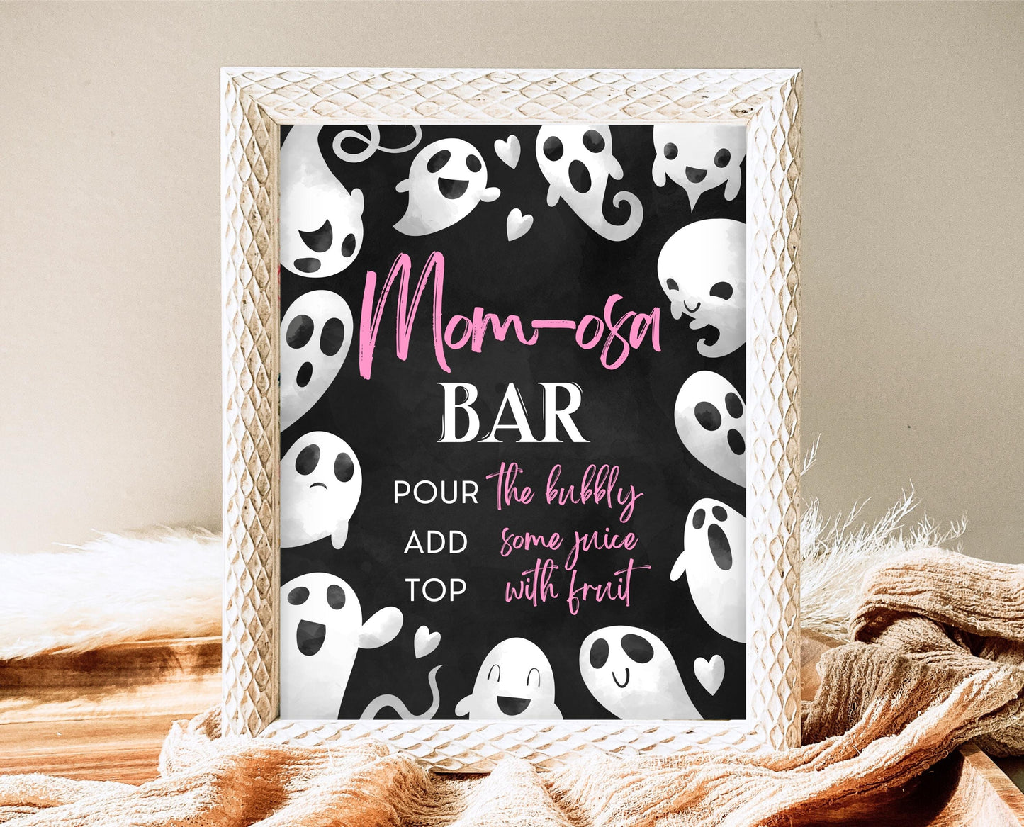 Mom-osa Sign Halloween Baby Shower, Pink Ghost Halloween Mimosa Sign, Printable Halloween Sign, Pink Girl Baby Shower Sign Halloween, HBSC04