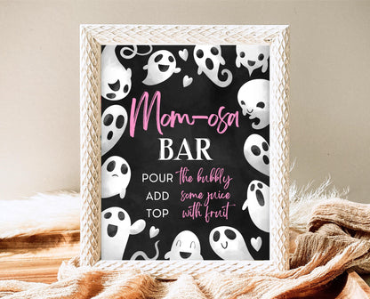 Mom-osa Sign Halloween Baby Shower, Pink Ghost Halloween Mimosa Sign, Printable Halloween Sign, Pink Girl Baby Shower Sign Halloween, HBSC04