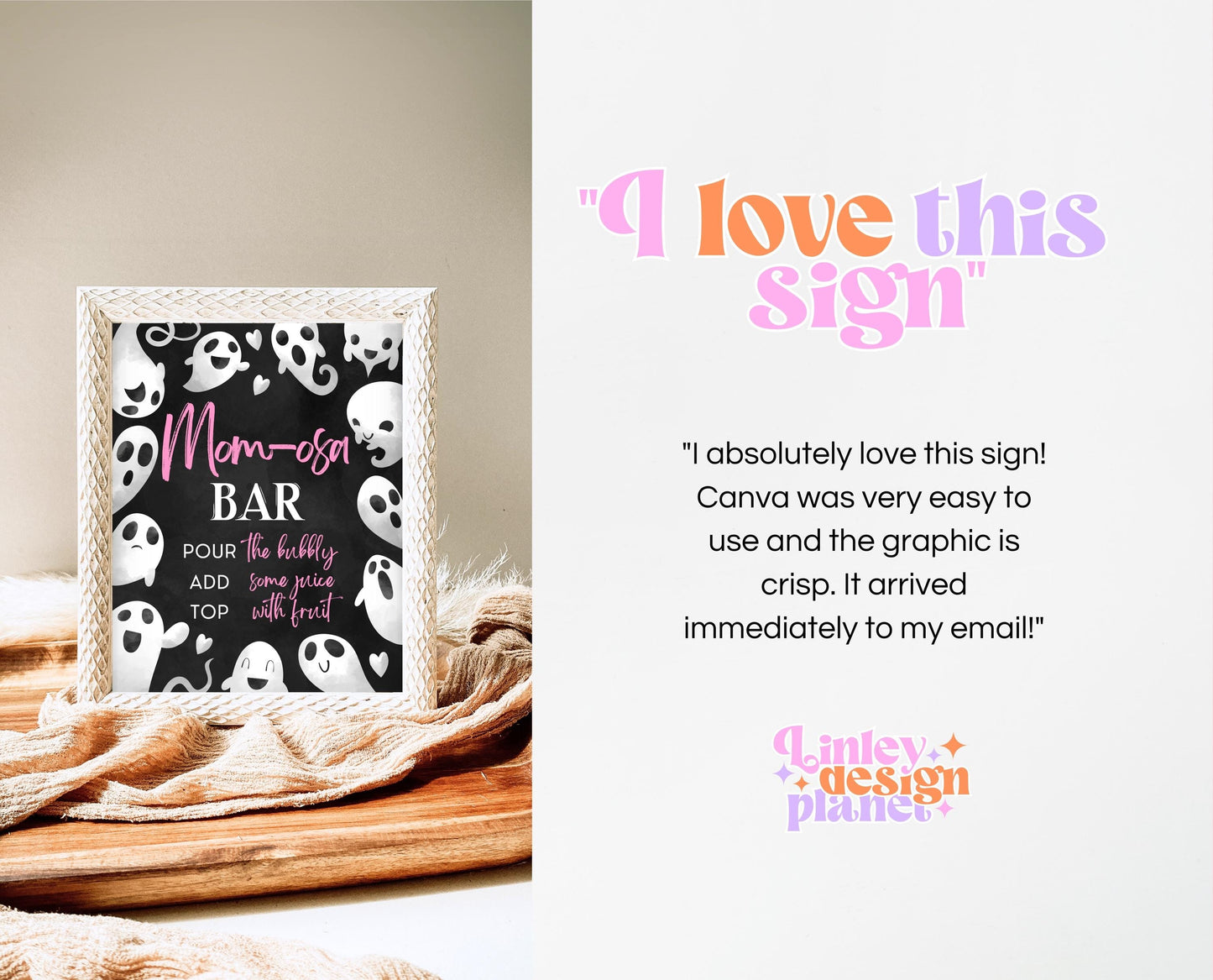 Mom-osa Sign Halloween Baby Shower, Pink Ghost Halloween Mimosa Sign, Printable Halloween Sign, Pink Girl Baby Shower Sign Halloween, HBSC04