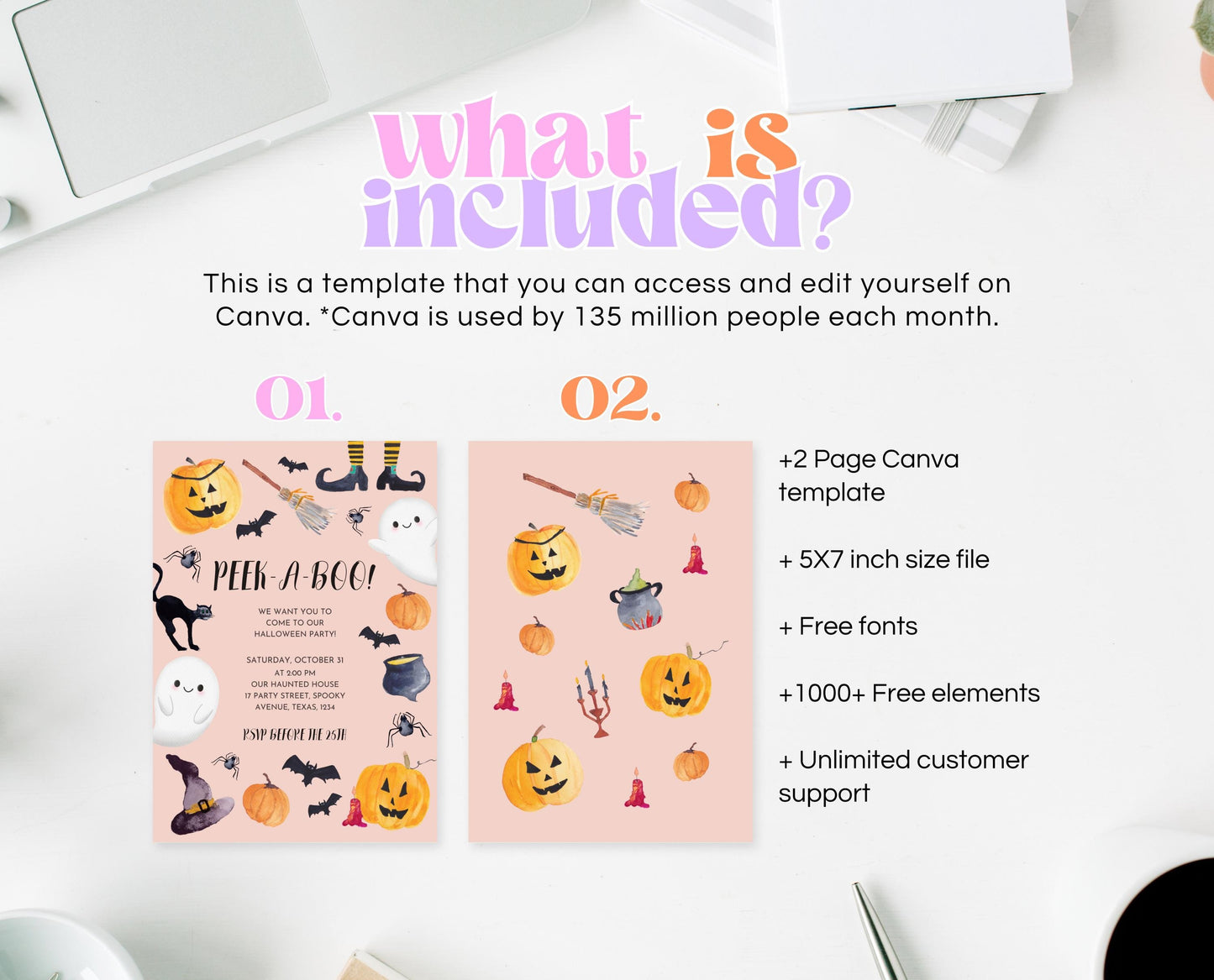 Editable Halloween Party Invitation, Modern Halloween Party Invite, Halloween PEEK-A-BOO Invite, Cute, Pink, Orange, Watercolour, Printable