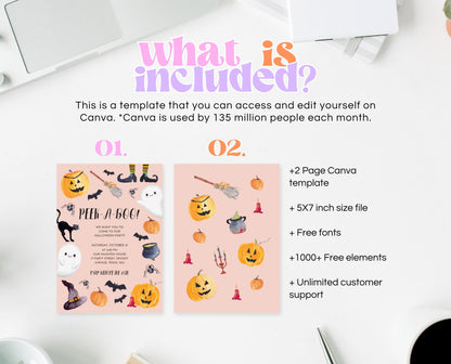 Editable Halloween Party Invitation, Modern Halloween Party Invite, Halloween PEEK-A-BOO Invite, Cute, Pink, Orange, Watercolour, Printable