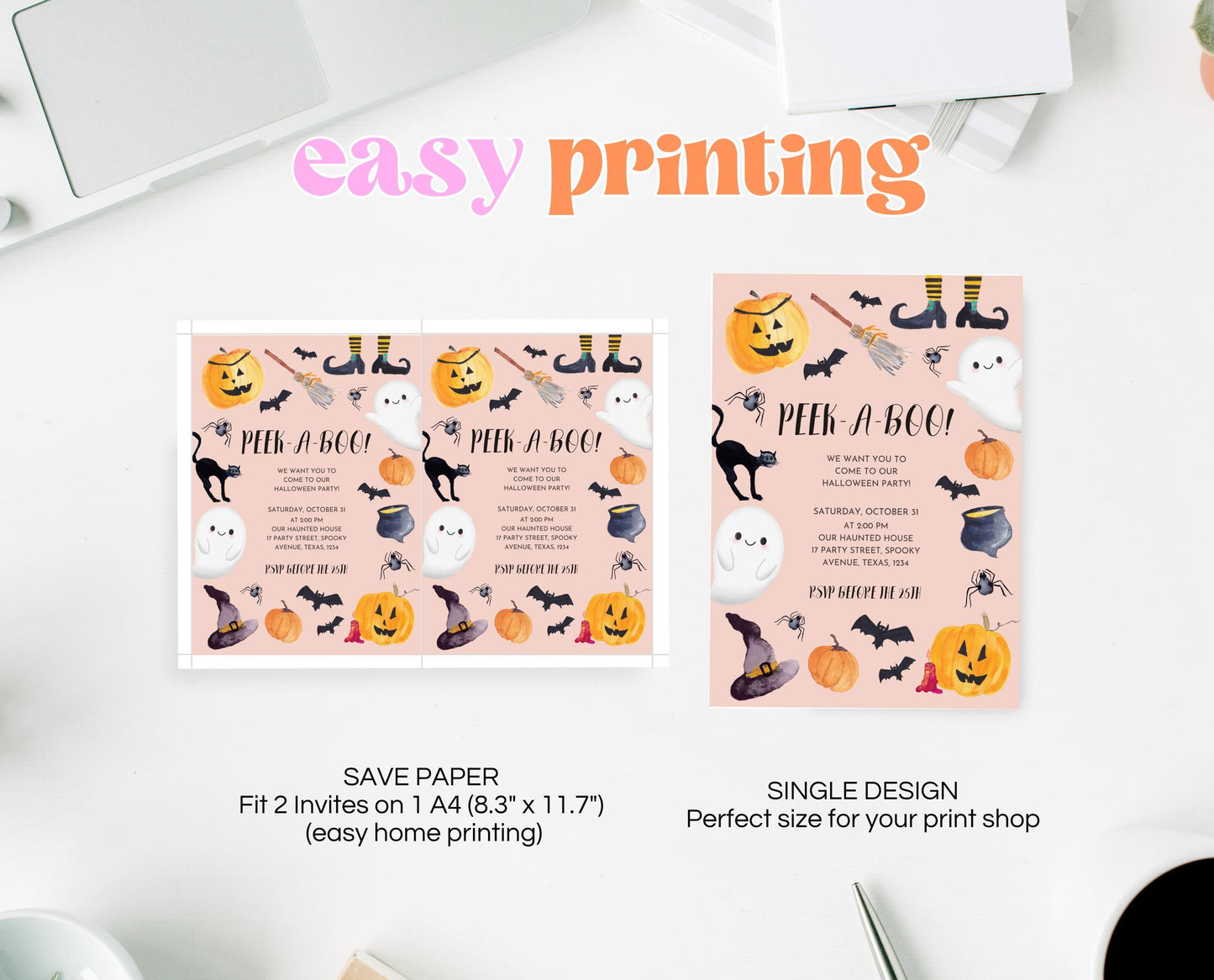 Editable Halloween Party Invitation, Modern Halloween Party Invite, Halloween PEEK-A-BOO Invite, Cute, Pink, Orange, Watercolour, Printable