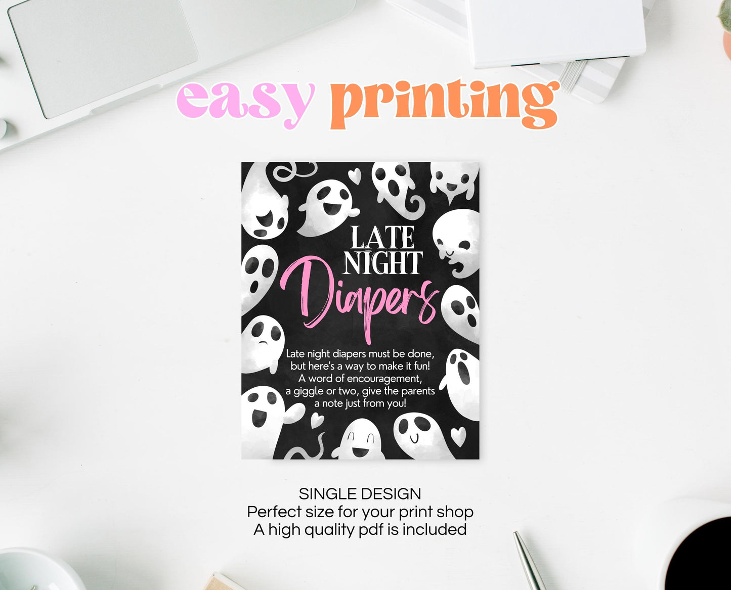 Late Night Diapers Sign Halloween Baby Shower, Halloween Baby Shower Sign, Printable Halloween Sign, Pink Girl Halloween Baby Shower, HBSC04