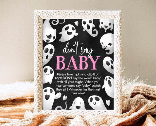 Don't Say Baby Sign Halloween Baby Shower, Halloween Baby Shower Game Sign, Printable Halloween, Pink Girl Halloween Baby Shower, HBSC04