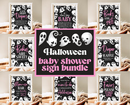 Editable Pink Ghost Halloween Baby Shower Sign Bundle, Girl Halloween Baby Shower Sign Set, Printable Halloween Sign, Pink Halloween, HBSC04
