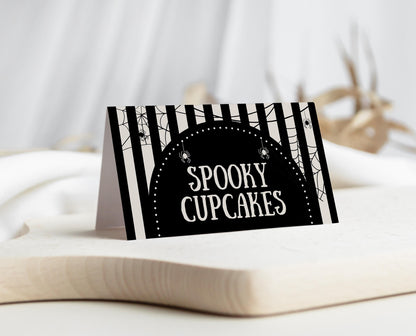 Editable Halloween Baby Shower Food Label, Gender Neutral Halloween Baby Shower Tent Cards, Spider Web Baby Shower, HBSC02