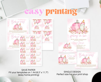 Editable Girl Fall Baby Shower Invitation Bundle, Pink Fall Pumpkin Baby Shower, Fall Floral Baby Shower, Autumn Baby Shower, Pink, FPBS02