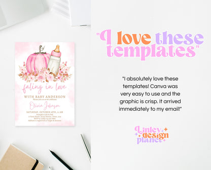 Editable Girl Fall Baby Shower Invitation Bundle, Pink Fall Pumpkin Baby Shower, Fall Floral Baby Shower, Autumn Baby Shower, Pink, FPBS02