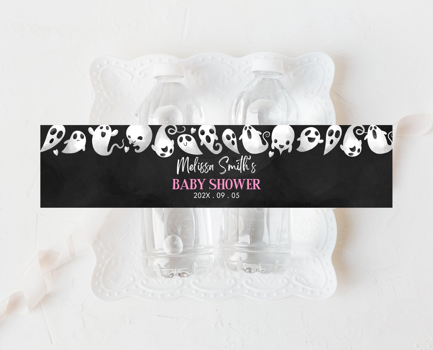 Editable Halloween Baby Shower Water Bottle Label, Pink Girl Halloween Baby Shower Bottles, A Little Boo Is Almost Due Baby Shower, HBSC04