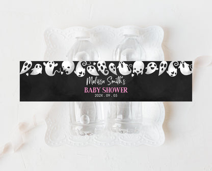 Editable Halloween Baby Shower Water Bottle Label, Pink Girl Halloween Baby Shower Bottles, A Little Boo Is Almost Due Baby Shower, HBSC04