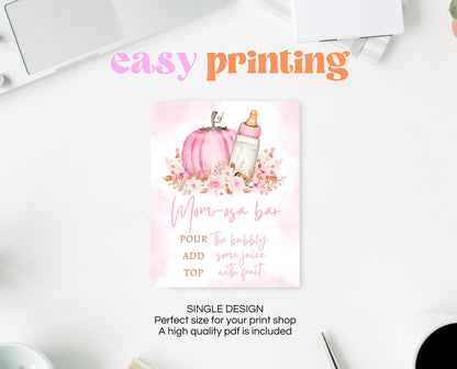Mom-osa Bar Sign Fall Baby Shower, Pink Pumpkin Baby Shower Sign, Girl Fall Floral Baby Shower, Autumn Baby Shower, Mimosa Bar Sign, FPBS02