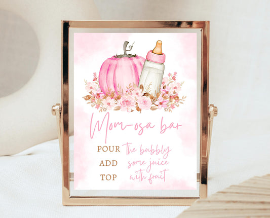 Mom-osa Bar Sign Fall Baby Shower, Pink Pumpkin Baby Shower Sign, Girl Fall Floral Baby Shower, Autumn Baby Shower, Mimosa Bar Sign, FPBS02