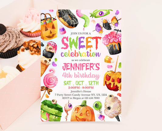 Editable Halloween Candy Birthday Invitation, Halloween Sweets Birthday, Trick Or Treat Invite, Halloween Invite Template, Printable, CHBP01