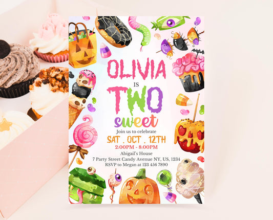 Editable Halloween Two Sweet Birthday Invitation, Halloween Candy 2nd Birthday, Trick Or Treat Invite, Halloween Invite, Printable, CHBP01